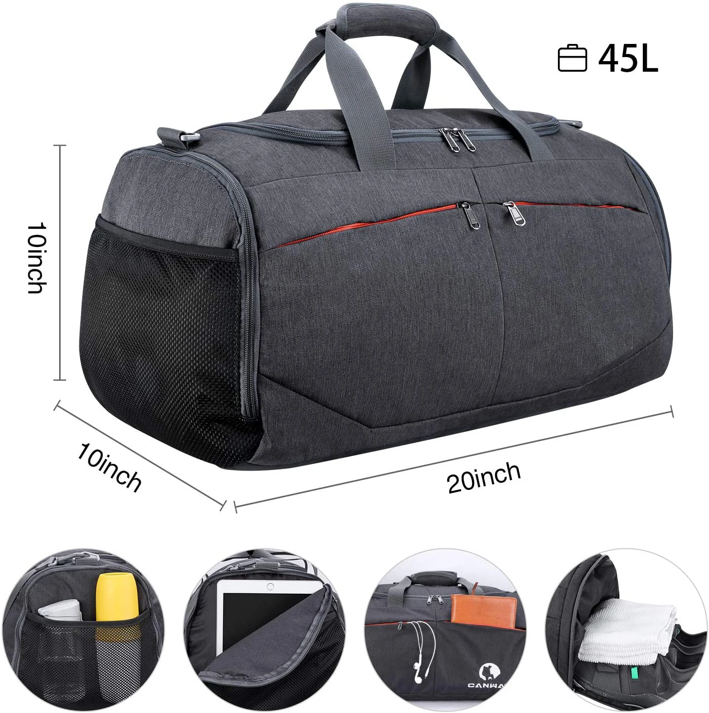
Unisex Sport Gym Bag Lightweight Travel Duffel Bag with Wet Pocket & Shoes Compartment 