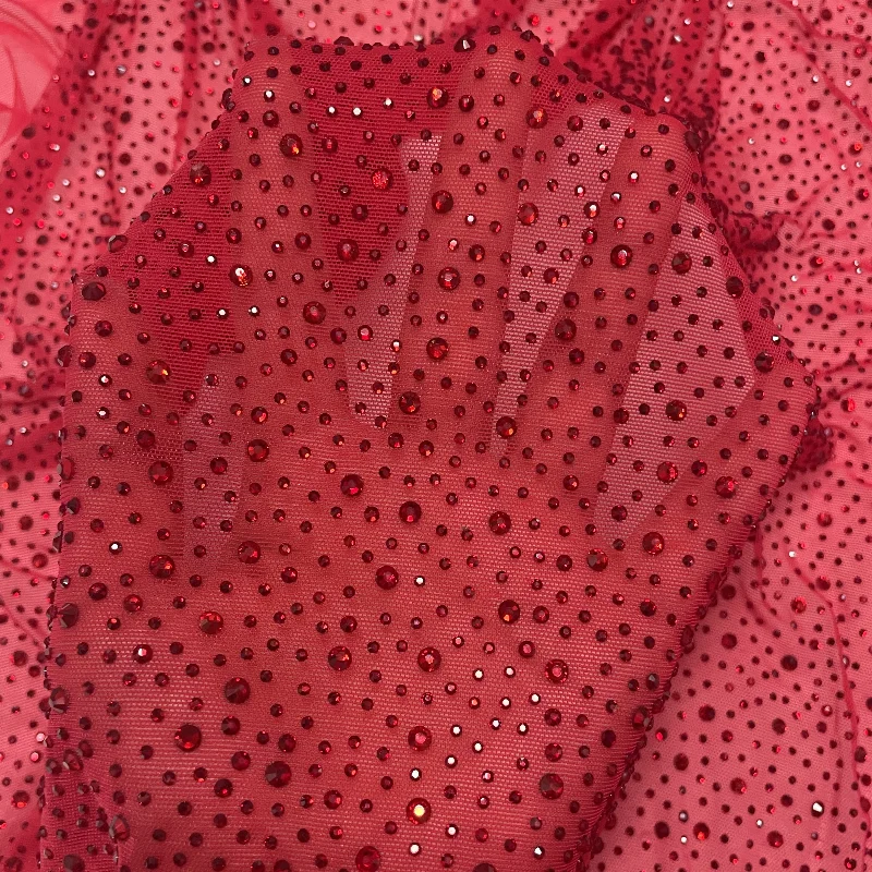 Dress Production Accessories Gorgeous Red Crystal Multi-size Rhinestones Power Mesh Fabric