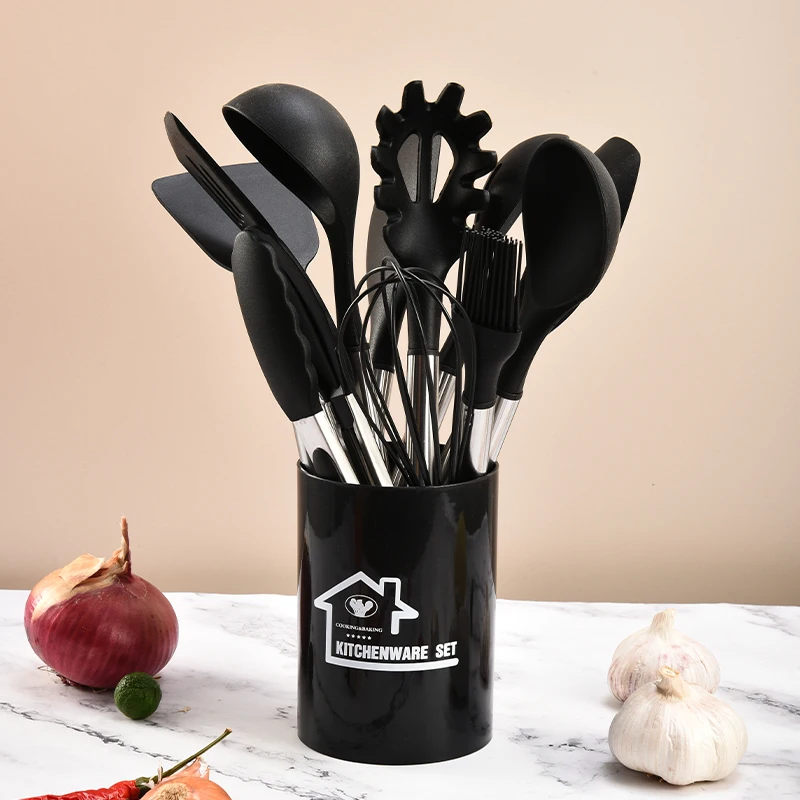 kitchen utensils amazon silicon BPA Free Non Toxic 11 pcs Stainless steel handle set with round