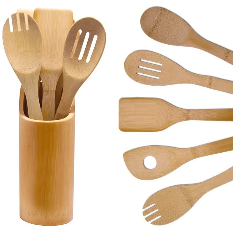Bamboo Utensils Set- 6 Organic Uncoated Heat Resistant Wooden Spoons for Cooking - Reusable Spatulas for Non-Stick Pots Pans