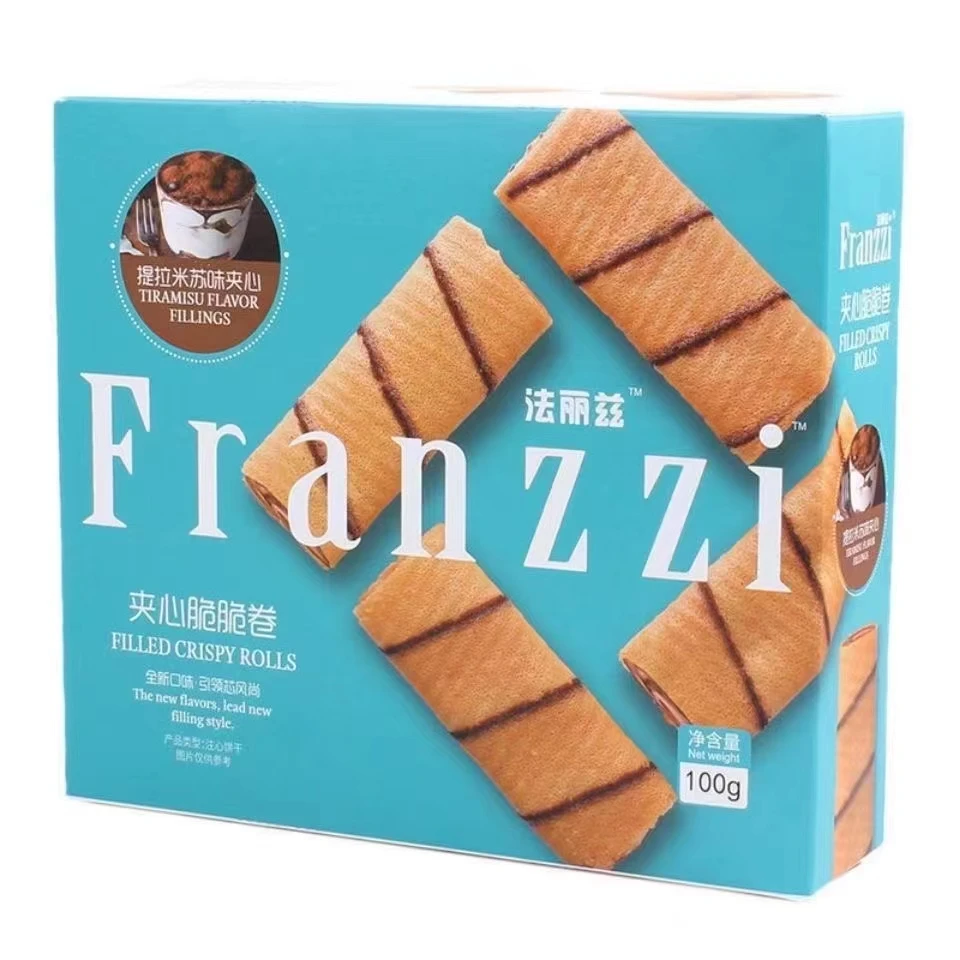 Wholesale delicious tiramisu flavored sandwich cookie stuffed crispy roll 100g