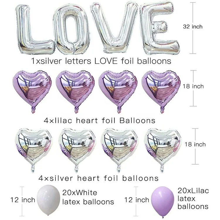 Набор воздушных шаров из фольги фиолетового и серебряного цвета для украшения свадебной вечеринки