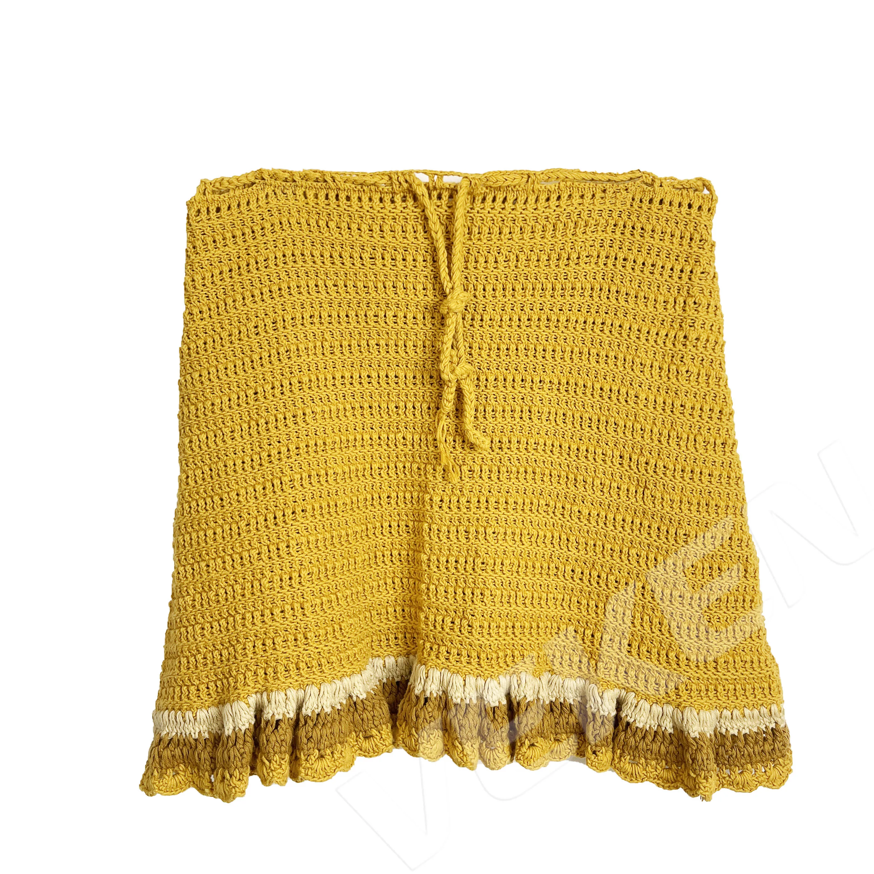 Custom Fashion 100% Cotton Hand-Made Frill Mustard Yellow Women Crochet Sweater Skirt