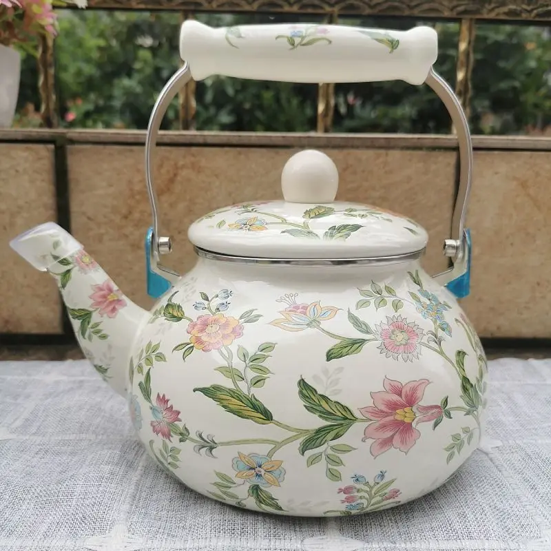 Modern 2.5L Enamelled Metal Steel Teapot Kettle Pot Ceramic Handle Eco-Friendly Tableware Drinks Blooming Flowers Coffee Pot