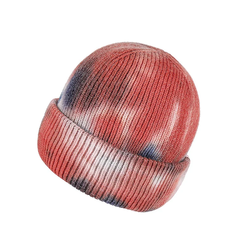 Women Tie Dye Solid Cuffed Beanie Custom Winter Knit Hat Dark Warm Skull Cap