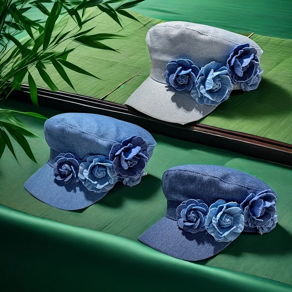 Small flower cap female model spring and autumn new Japanese retro sunshade hat cowboy blue flat top beret