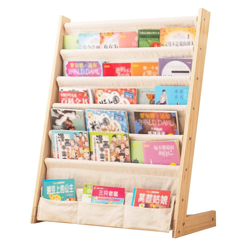 202407 Wood Book Rack Canvas Storage Shelf Display Bookshelf 6 Tier Kids for Bedroom