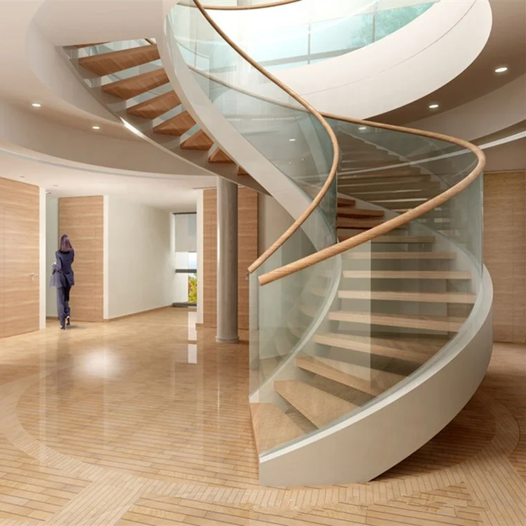 Prefabricated powder coated big stair stringer railing curved staircase helical stairs with wooden steps luxury stairs