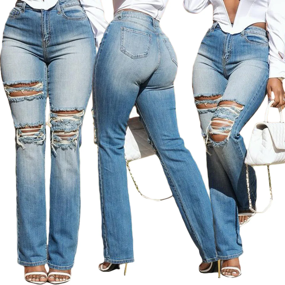 trending products 2024 new arrivals Stretch slim fit ripped washed denim jeans pants for women