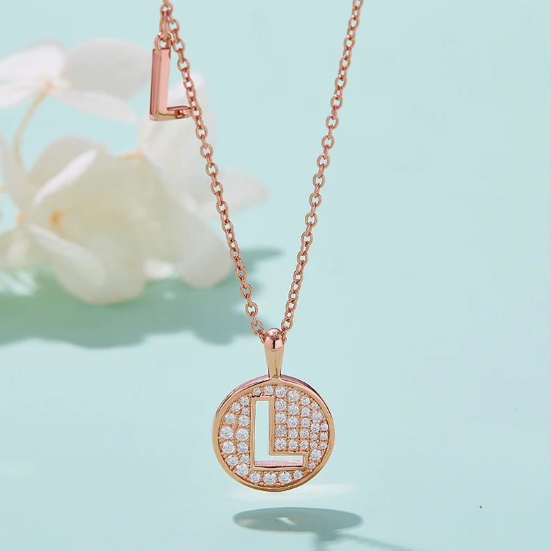 Letters Series Design Hollow Letter L Necklace S925 Sterling Silver Plated Rose Gold Fashion VVS Moissanite Necklace For Women