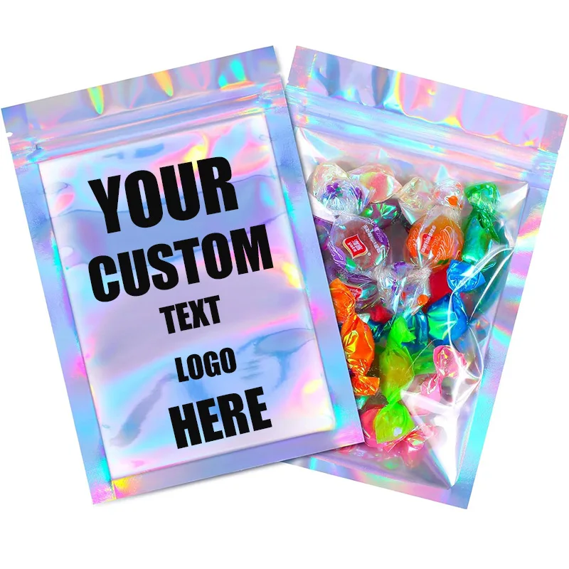 7.5*10cm Customized 1000 Pcs Holographic One Side Transparent Smell Proof Resealable Holographic Bag Custom Logo