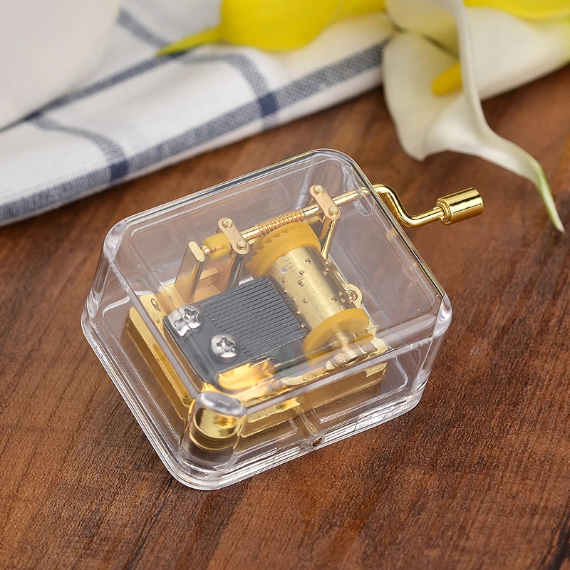 clear acrylic plastic rectangle shape music box with 18 note hand crank musical movement