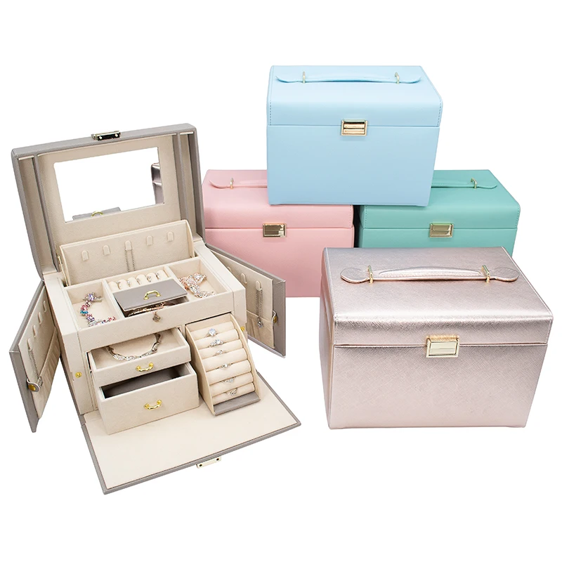 Travel Leather Jewellery Storage Box Custom Logo Pink Suede Jewelery Case With Mirror Gift Vintage Jewelry Organiser