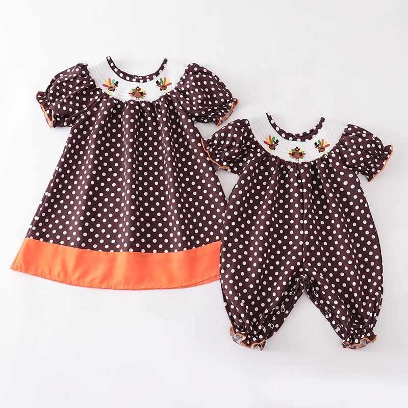 Girlymax 2022 Halloween Turkey Polka pot Long sleeve Baby girls Smocked dresses and romper sibling matching outfit