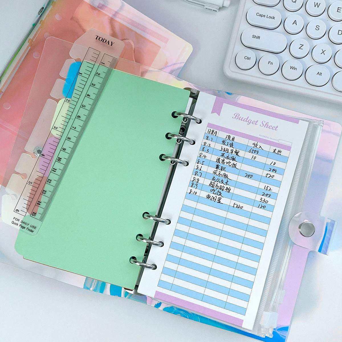 Stock Holographic PVC A6 Laser Notebook Binder Set 6 Holes Ring Budget Binder With Cash Envelopes Document Zipper Bag