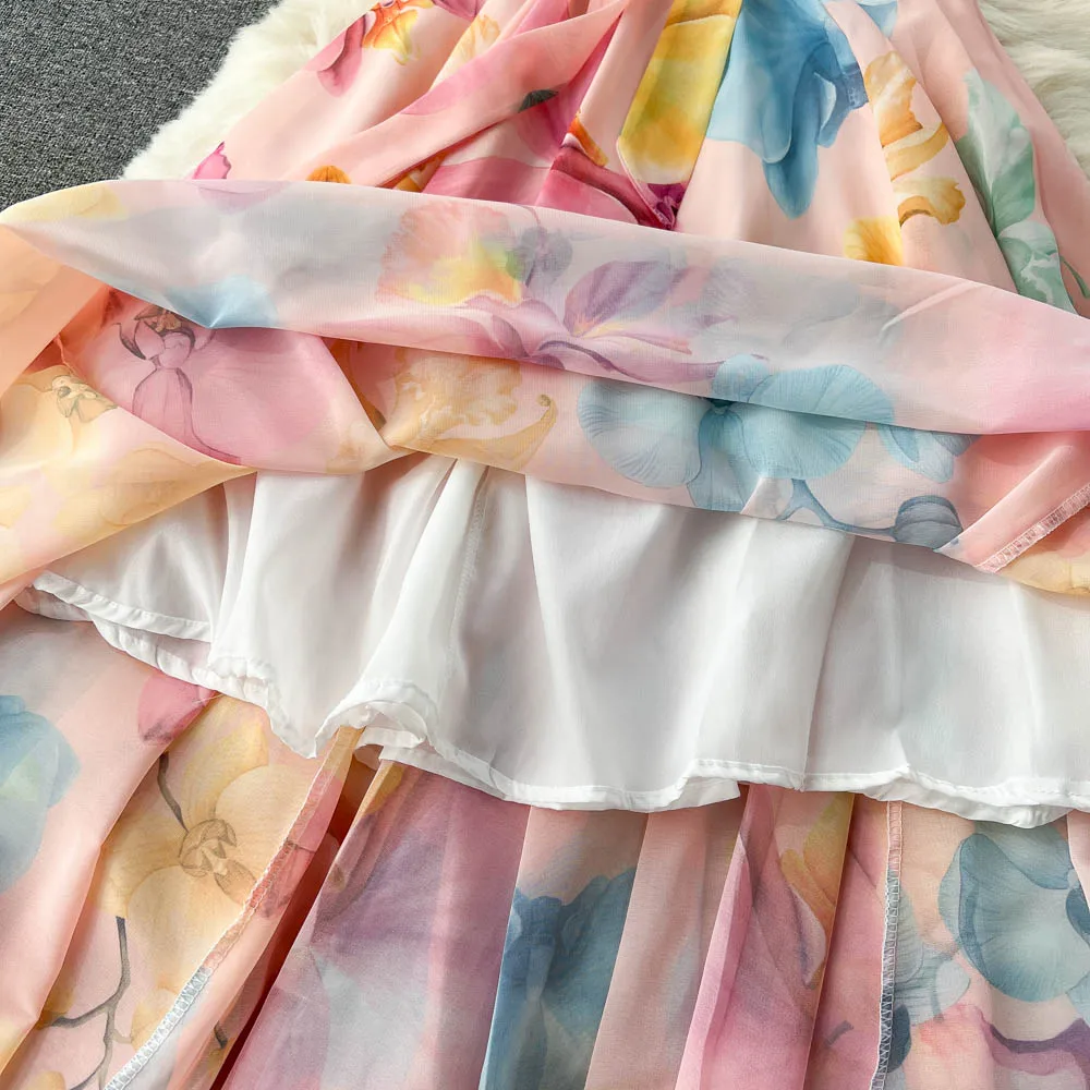 New Irregular Slanted Shoulder Chiffon Floral  Long Dress Vestidos Women Elegant Summer Casual Dresses