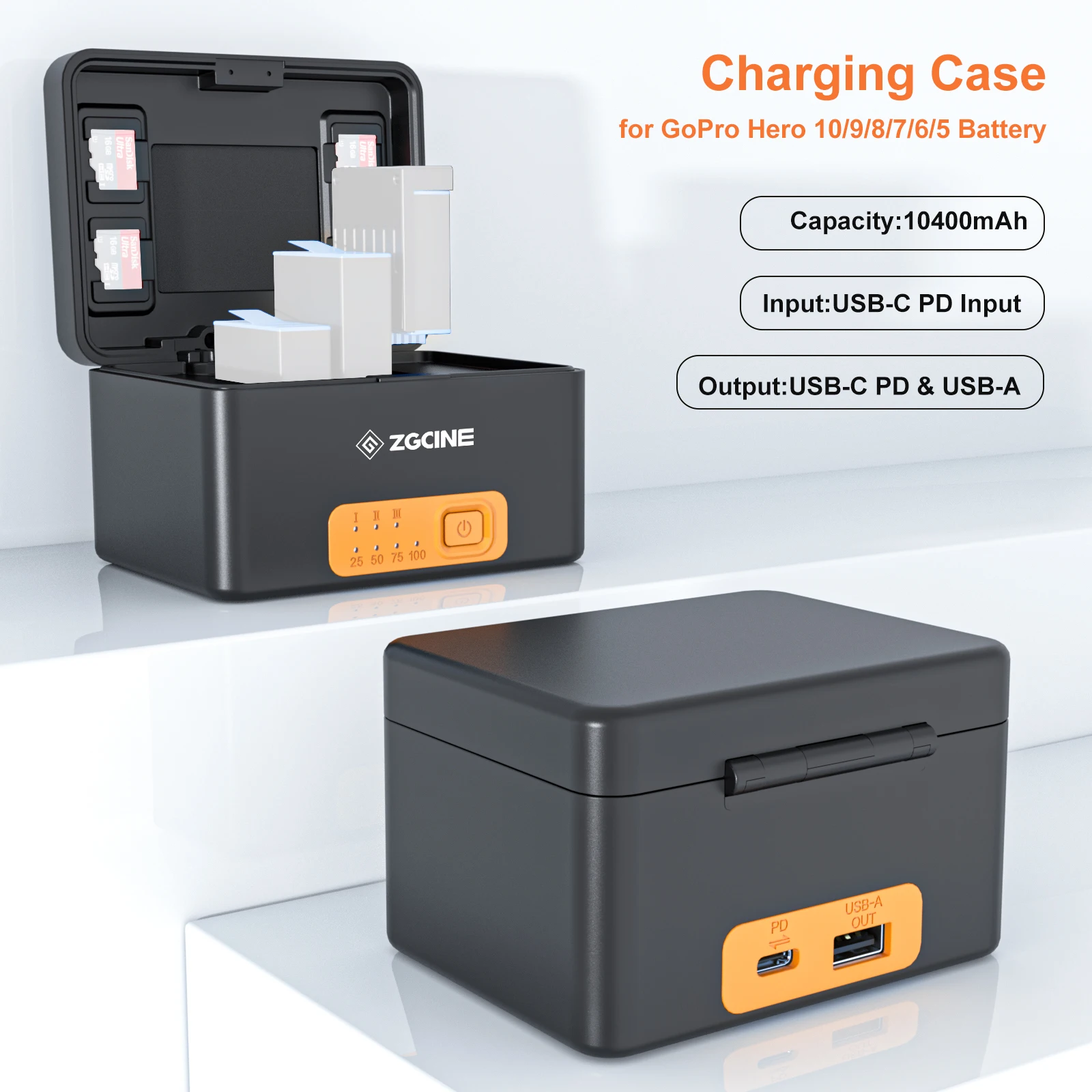 ZGCINE PS-G10 Build in 10400mAh Battery Charger Bank Fast Charging Case for GoPro Hero 10/9/8/7/6/5 Battery