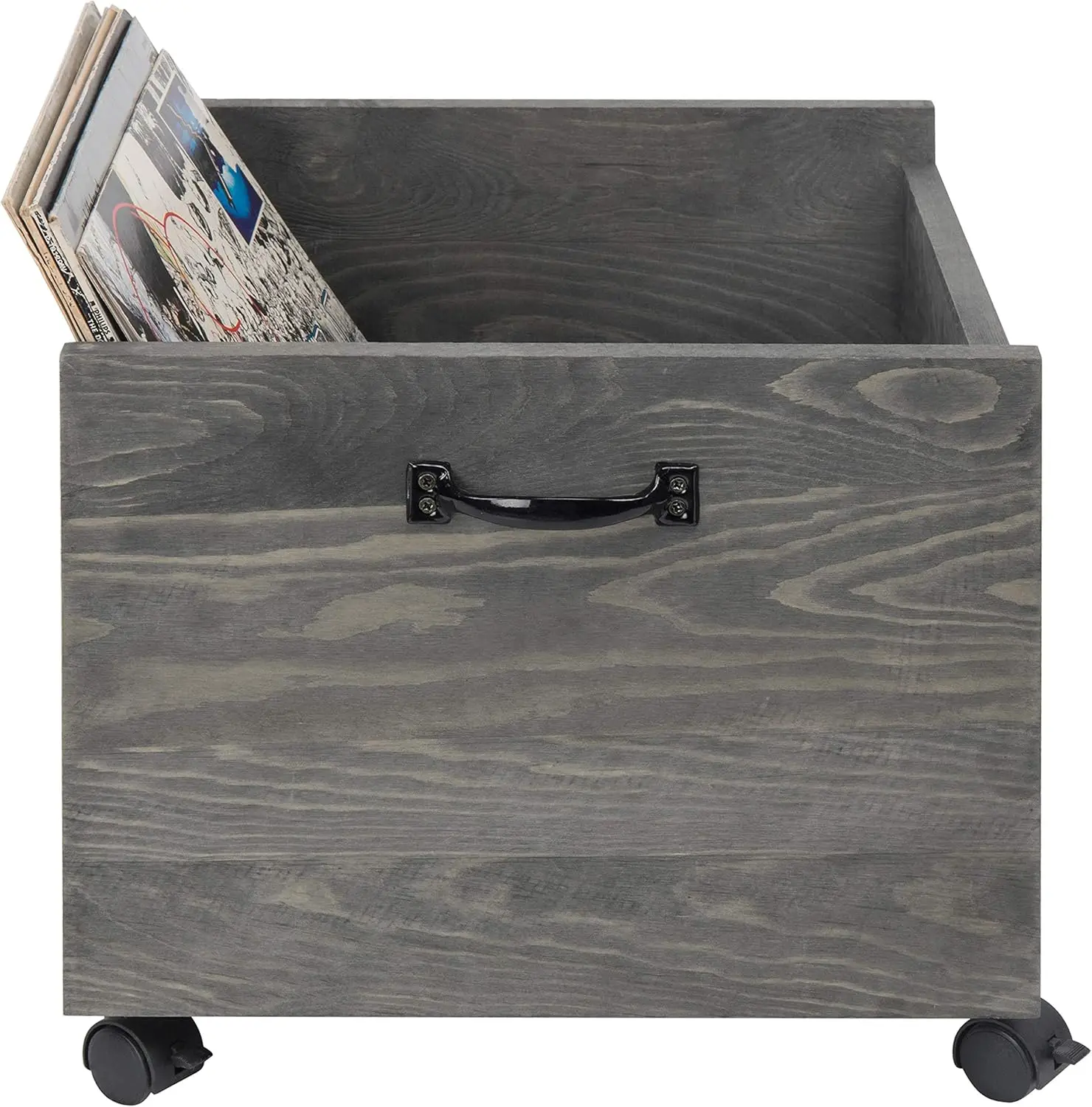 Vintage Grey Wood Vinyl Record Holder Storage Rolling Crate with Casters, Decorative Box for LP Records,Wood Crates for Storage