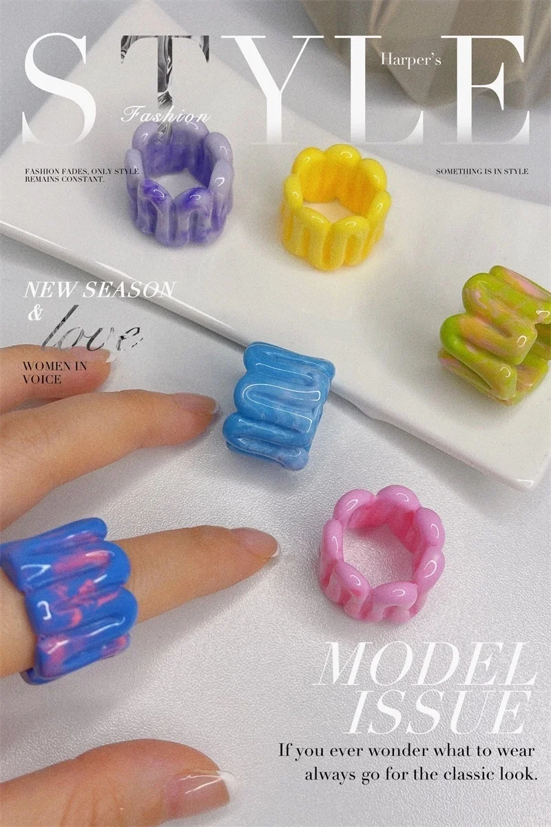 Original ins design niche two-color blooming geometric resin ring 2021