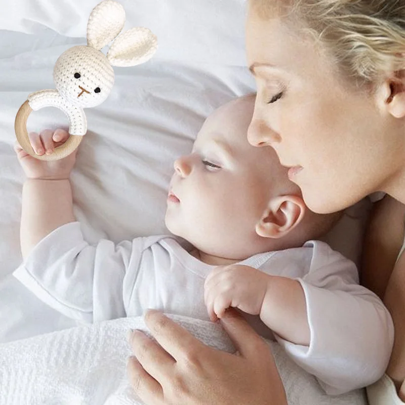 Handcrafted Crochet Rabbit Rattle: Adorable Wooden Toy for Babies 0-3 Years, Soft Cotton Material