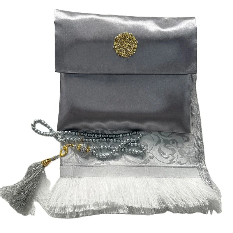 travel portable turkish prayer mat rug with the prayer beads in satin pouch set for muslim gifts
