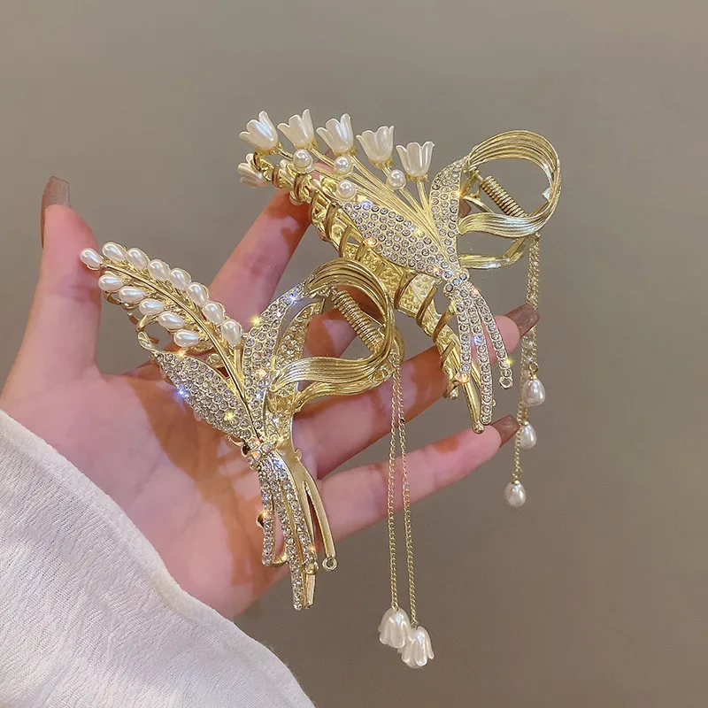 Elegant Large 13cm Hair Clip with Pearl Rhinestone and Lily of the Valley Tassel and Wheat Design