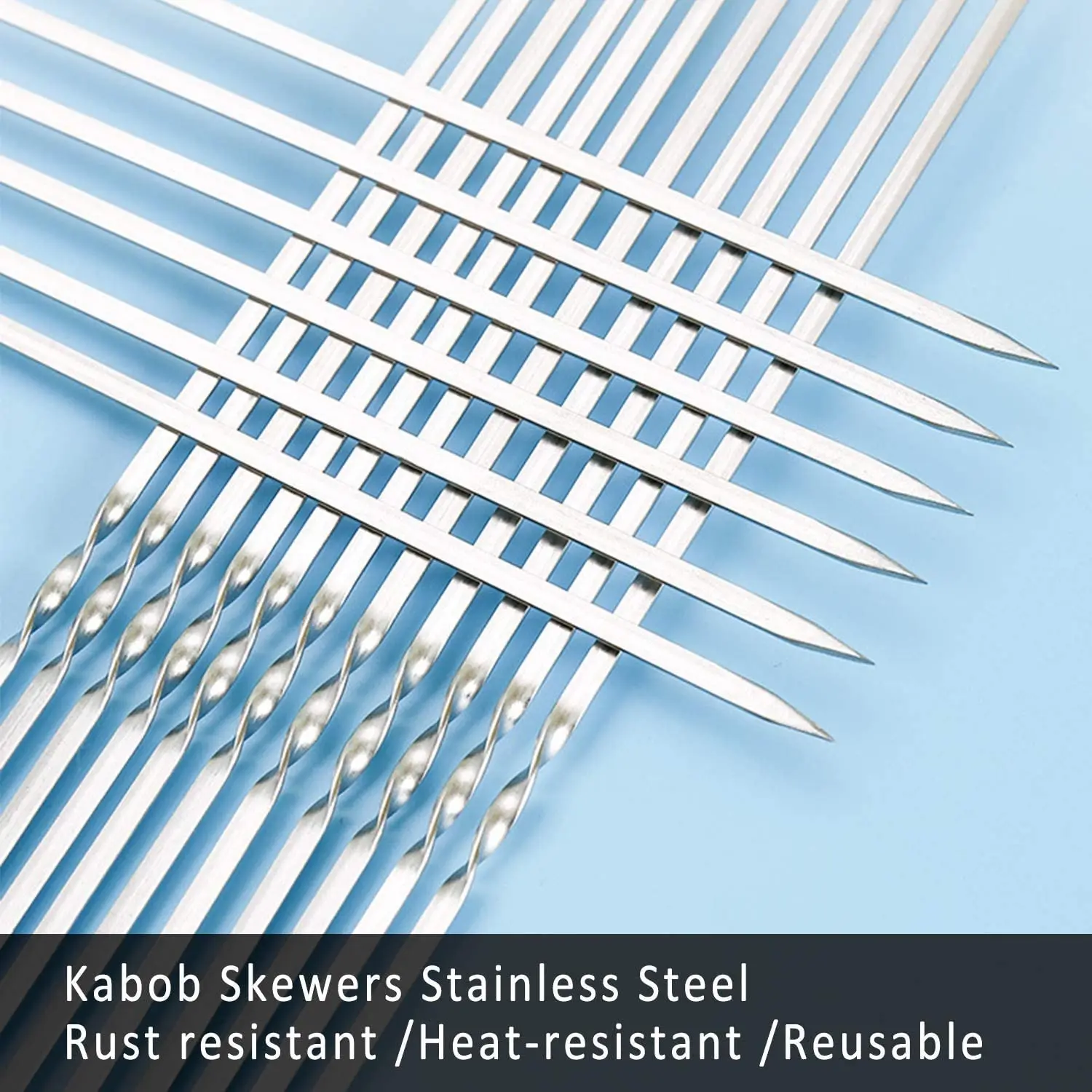 12PCS Stainless Steel BBQ Kebab Meat Skewers Set, Flat Barbecue Shish Kebab Stick for Meat Vegetables