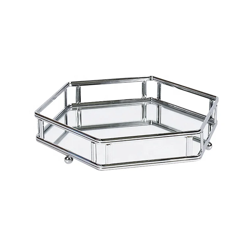 European Metal Glass Jewelry Display Plate Geometric Tray Mirror Silver Rose Gold Jewelry Storage Ring Dish Decoration Shelf