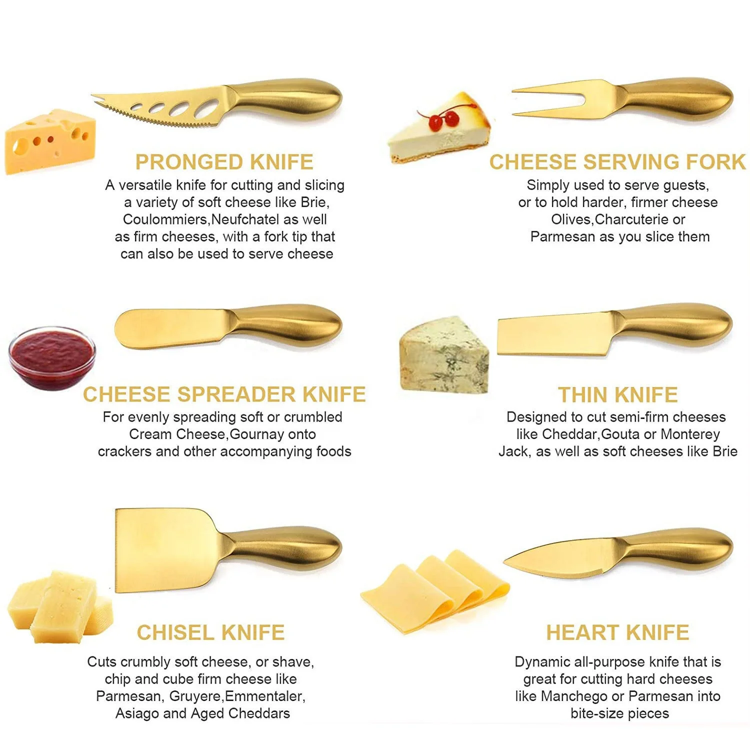 Cheese Tool Collection Stainless Steel Cheese Cutter Spreaders Fork Slicer Premium 6-Piece Golden Cheese Knife Set