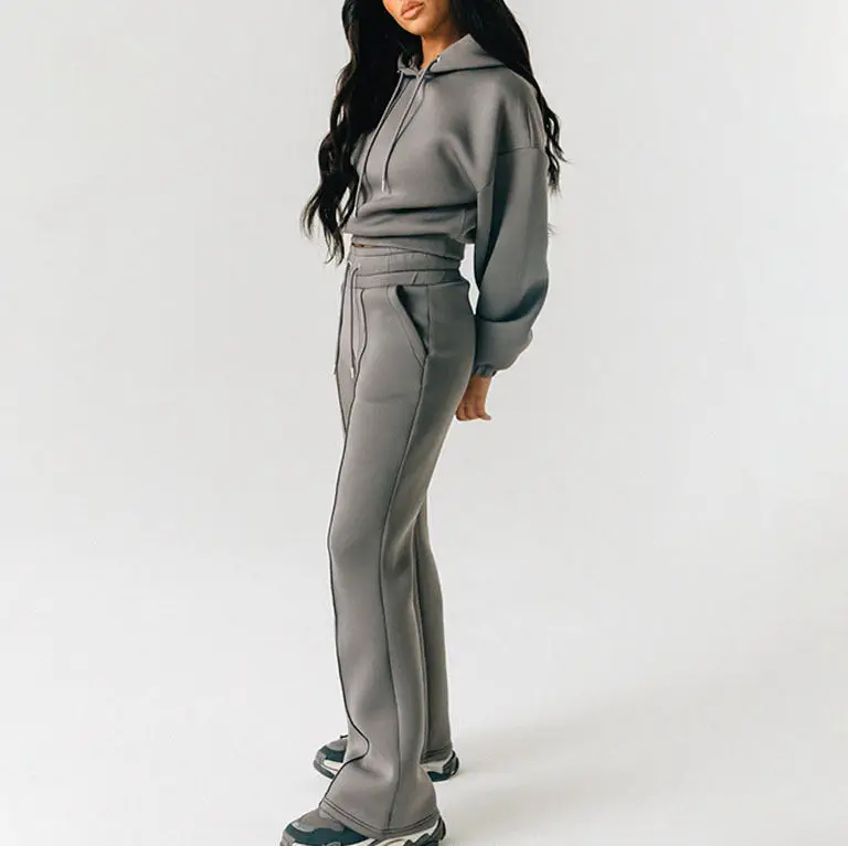 High Quality Women Tracksuit Set Custom Logo Outfit Sweatsuit Wide Leg Jogger Set for Ladies