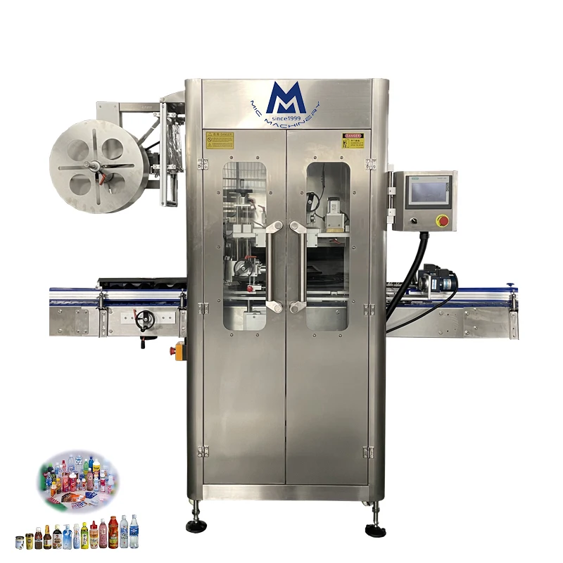 Automatic plastic cap PET bottle can PVC steam heat label shrink sleeve applicator machine