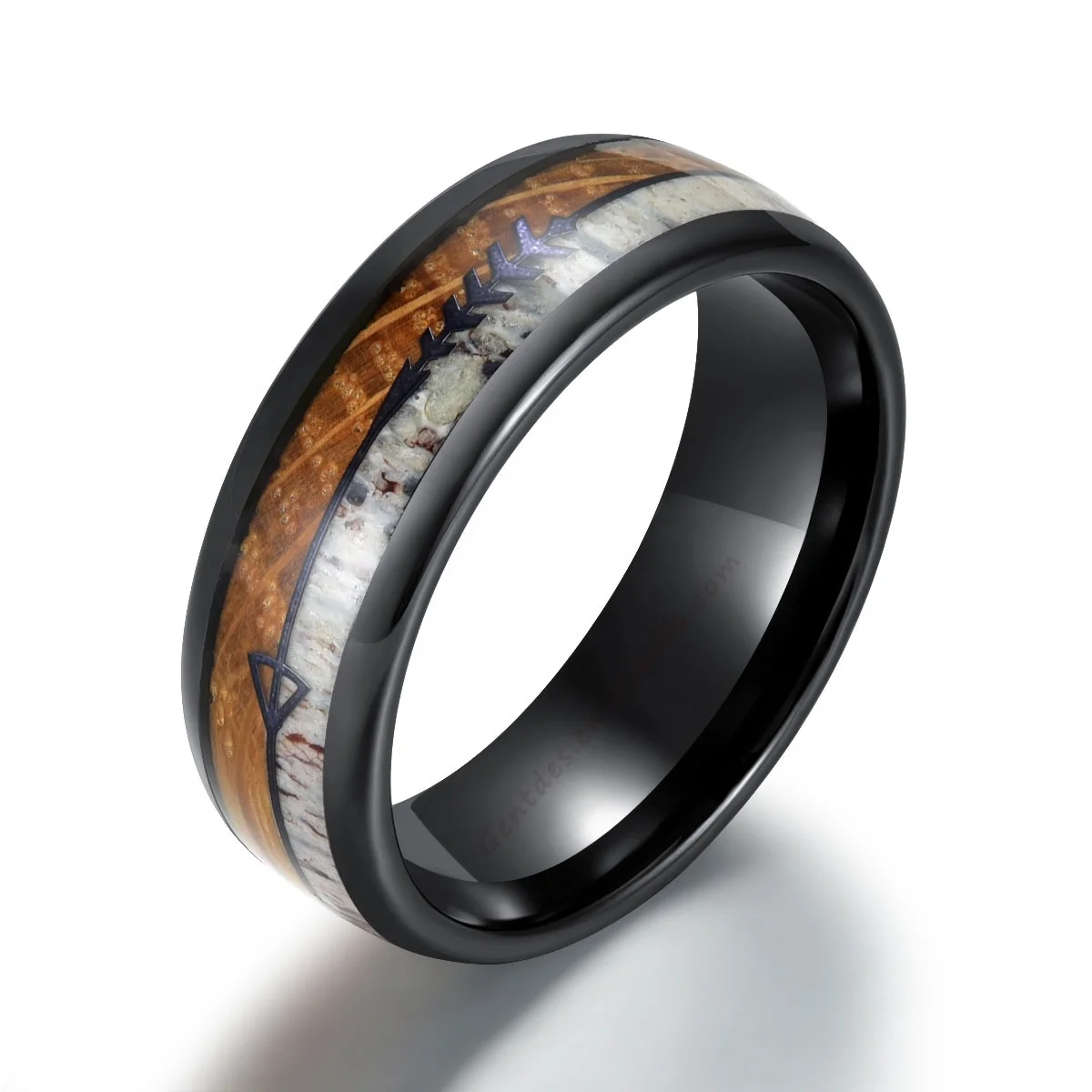 Gentdes Jewelry Black Arrow Whisky Wood and Antler Inlay Dome Black Ceramic Ring 8MM Men Wedding Bands Jewelry Men Ring