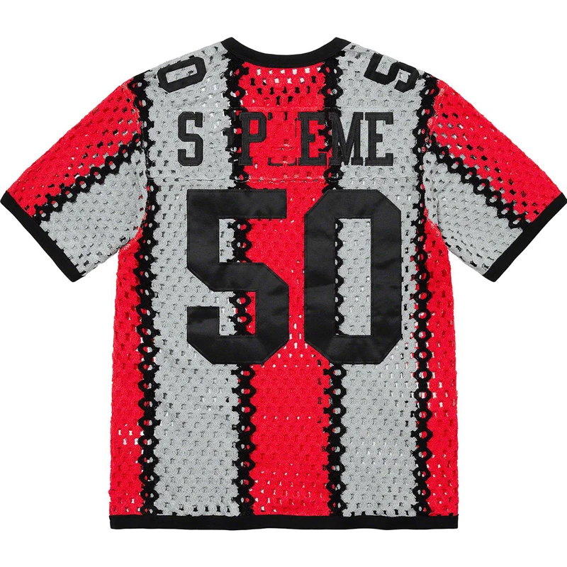 Custom Logo OEM ODM Knit Eyelet Mesh Sweater Short Sleeve Soccer Knitwear Street Fashion Crochet Football Jersey Men