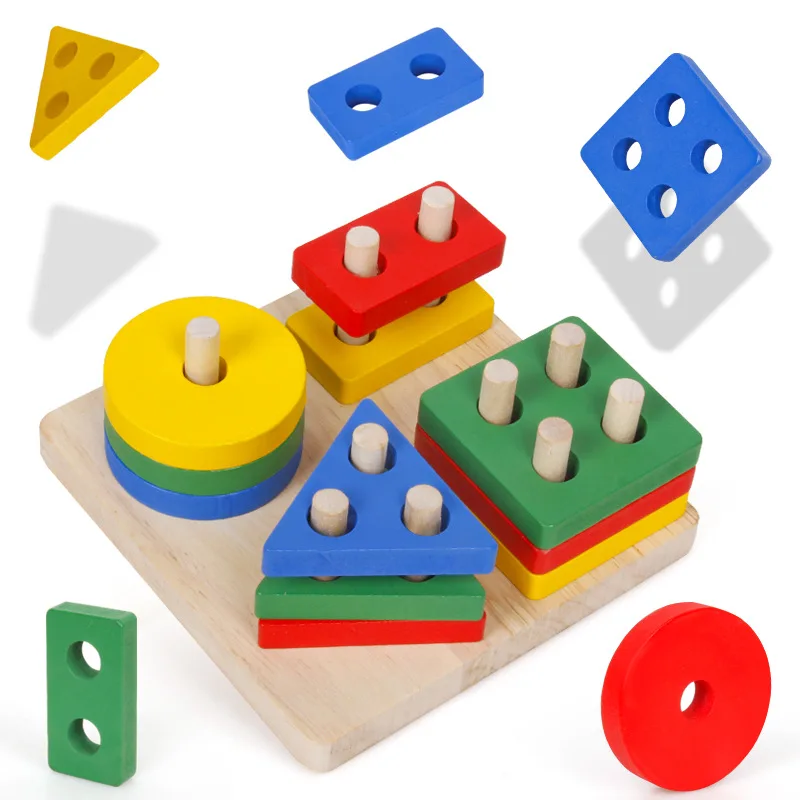 Montessori Early Childhood Educational DIY  Wooden block colorful shape 4 sets Column toy