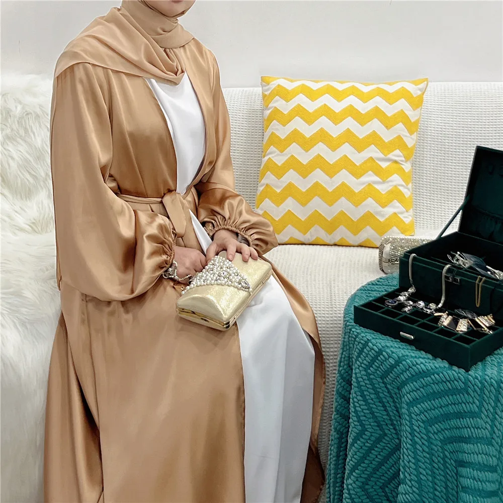 Islamic Clothing Sleeveless Dress Fashion Girl 2 Pcs Set Satin Muslim Dress Kimono Cardigan Front Open Abaya Dubai
