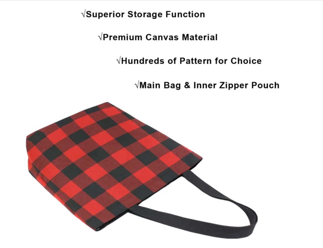 Large Grocery Shopping Bag Plaids Reusable Canvas Tote Bag Casual Beach Shopping Tote Heavy Duty Washable Shoulder Bags Handbag
