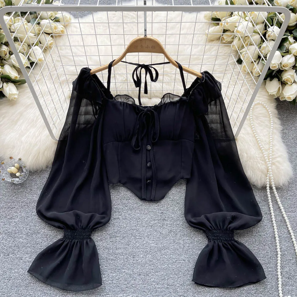 Autumn Full Sleeve Square Collar Shirts Women Crop Top Solid Casual Blouse Ladies Y2k Clothing Clothes Women Wholesale