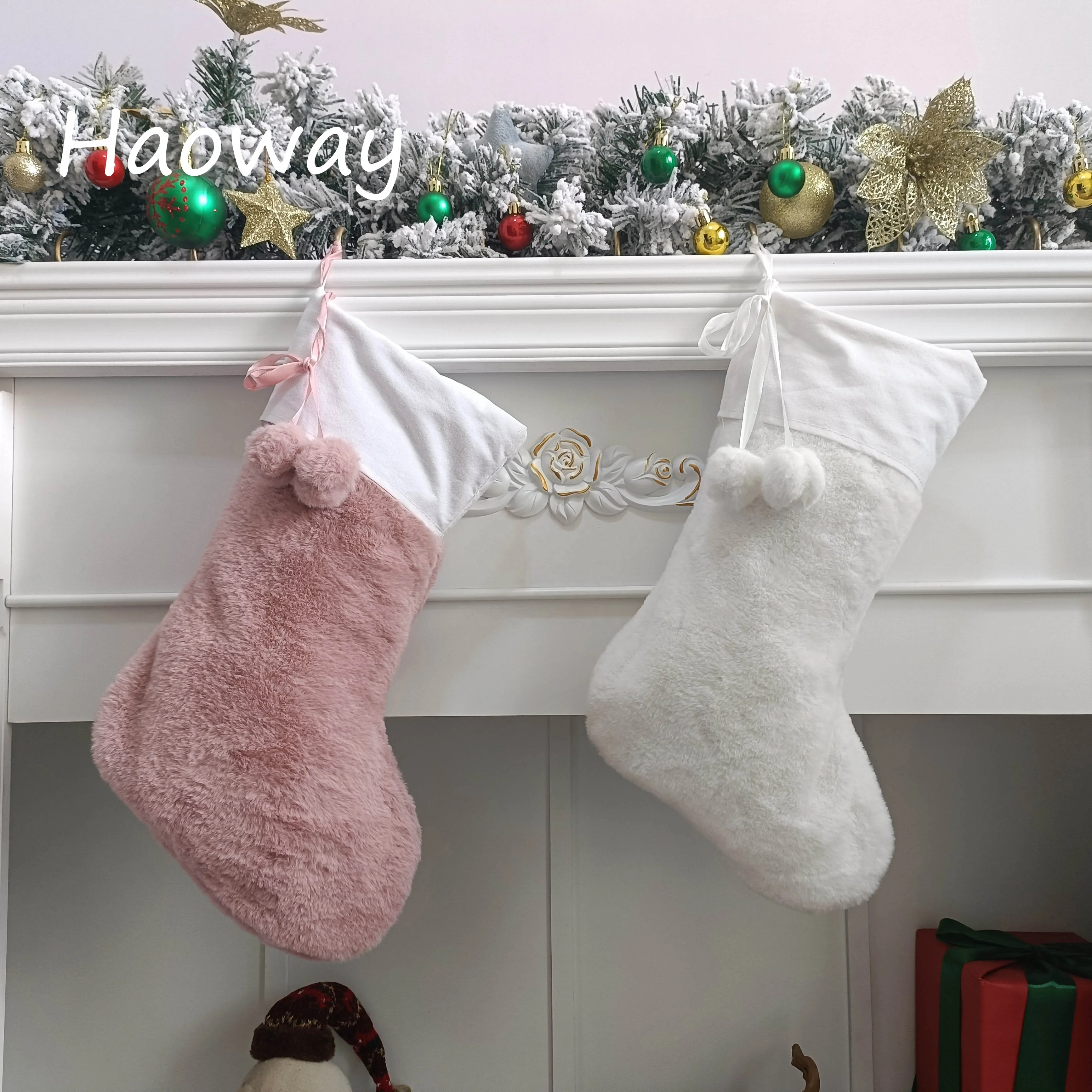 Pompoms Plush Christmas Stocking Pink and White Fluffy Velvet Christmas Stocking with Pom Pom