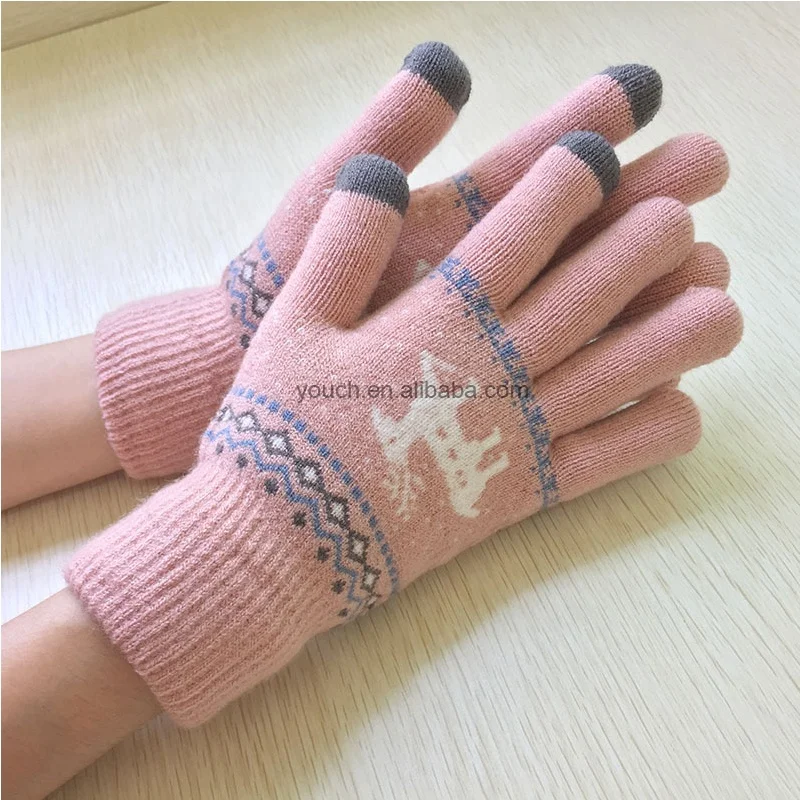 Jacquard Weave Deer Design Winter Warm Assorted Touchscreen Gloves Knitted Mittens for Sports & Cycling Accepts Custom Design