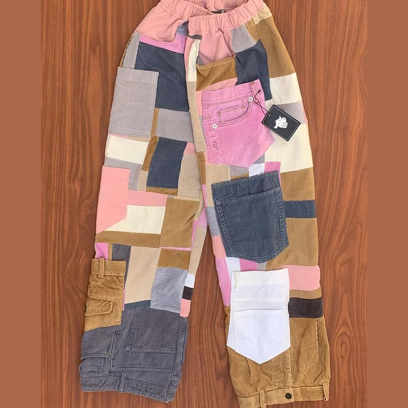 DIZNEW OEM Custom teenage Girls Clothing for Spring 2024 New patchwork Linen pants & trousers6 pocket pants for women