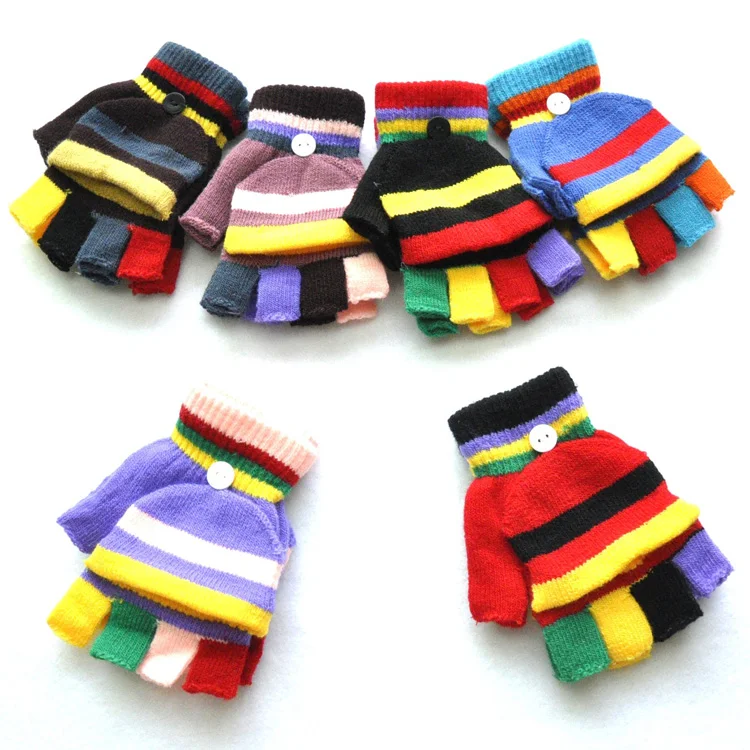 Hot Sale Fashion Cute Kids Boys Girls Winter Keep Warm Sweet Knitted Convertible Flip Top Fingerless Mittens Gloves