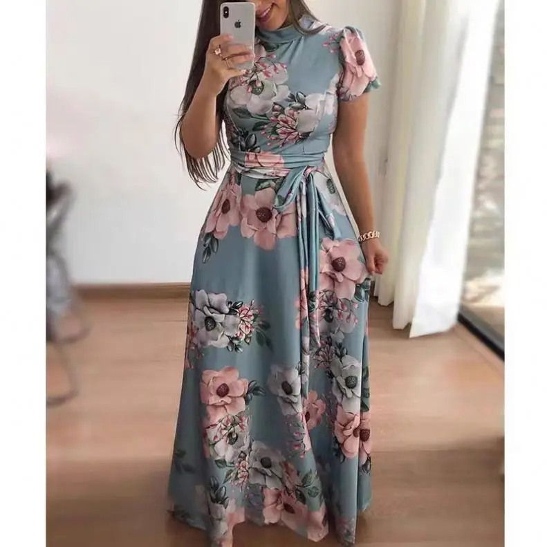 Women Summer Casual Long Dress Boho Floral Print Maxi Dress Turtleneck Bandage Elegant Dresses