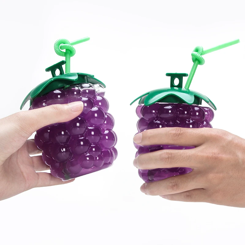 Drink Bottle Reusable Cute Kid Fruit Grapes Shaped Empty Clear Drink Juice Water Bottle With Straw Lid For Summer