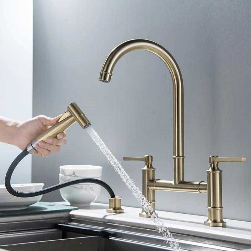 Two handle Pull out spray head 2 function brass gold kitchen faucet