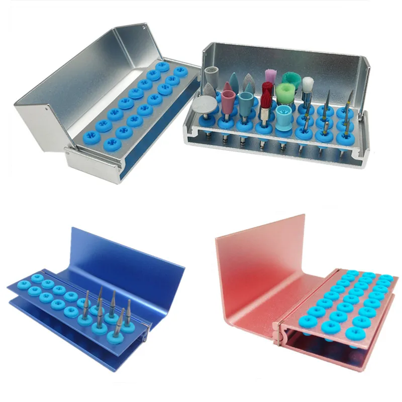 Dental Burs Holder Block Metal Autoclavable Box Dental Burs Storage Case 24 Holes Burs Holder with Sillicon Cover