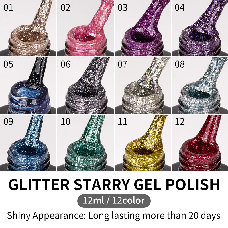 QSHY 12 Colors Flash Gel nail polish Private Label High shine nail art uv led reflective Glitter Starry Gel
