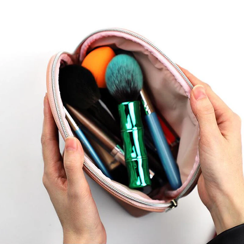 custom popular half round makeup cosmetic pouch travel lipstick eyeshadow organizer waterproof pu leather shell pink make up bag