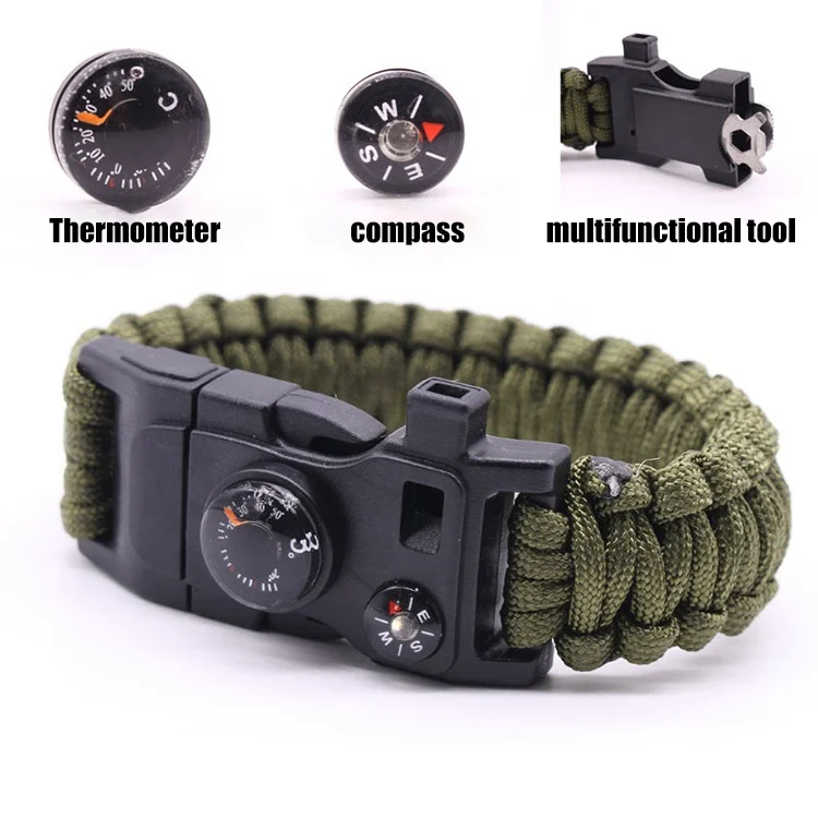 Tactical Whistle Survival Bracelet Thermometer Compass Paracord Bracelet With Multi Tools