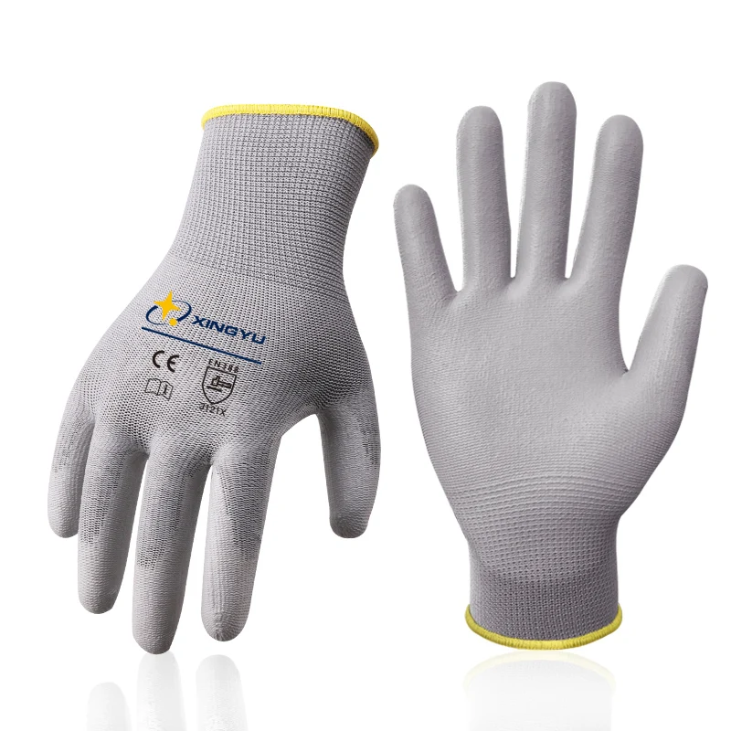 XINGYU Nylon Safety Dipped Hand gloves Esd Xingyu Polyester Working White Black Grey Construction Pu Coated Glove