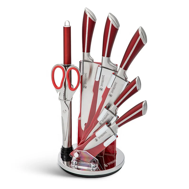 Лидер продаж, набор из 8 ножей-Кливера красного цвета с вращающейся акриловой подставкой для кухни